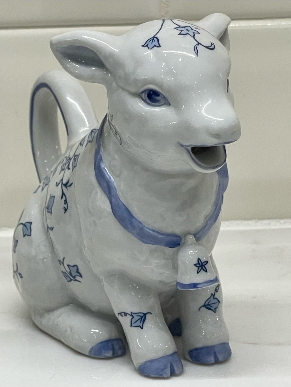 Country Friends Hallie Greer Blue and White Ceramic Lamb Pitcher - Home Art 1986
